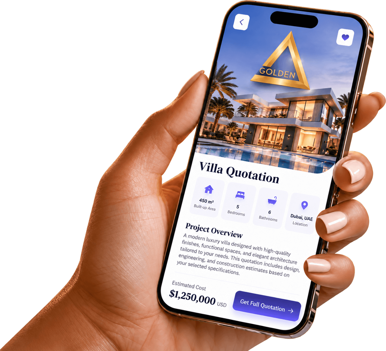 Hand holding a phone displaying a Golden Triangle villa quotation