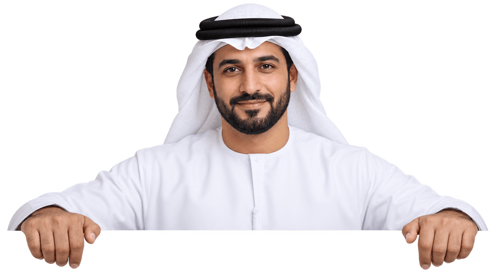 An Arab man in traditional Emirati attire with both hands resting over the edge