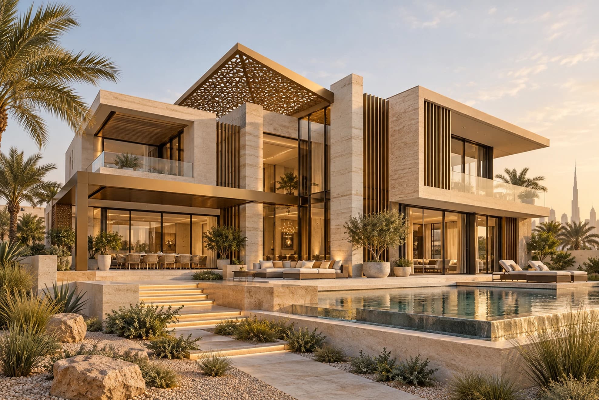 Architectural concept of a contemporary UAE villa with natural stone, shaded terraces and landscaped gardens